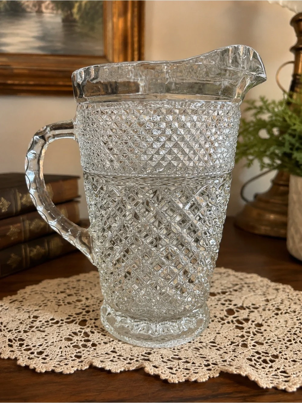 Vintage Clear Pressed Glass Diamond Point Water Pitcher Starburst Base 9”